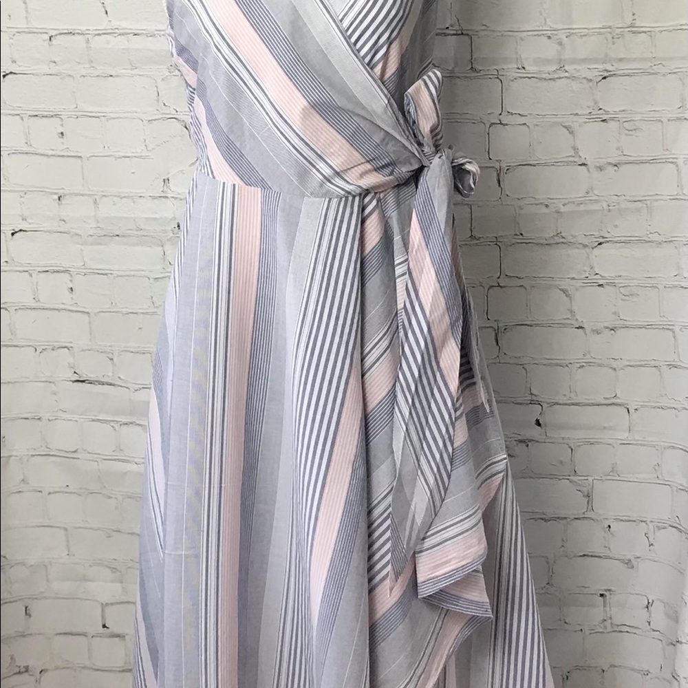 Calvin Klein Sleeveless Striped Wrap Maxi Dress in White and Light Blue - Picture 7 of 13